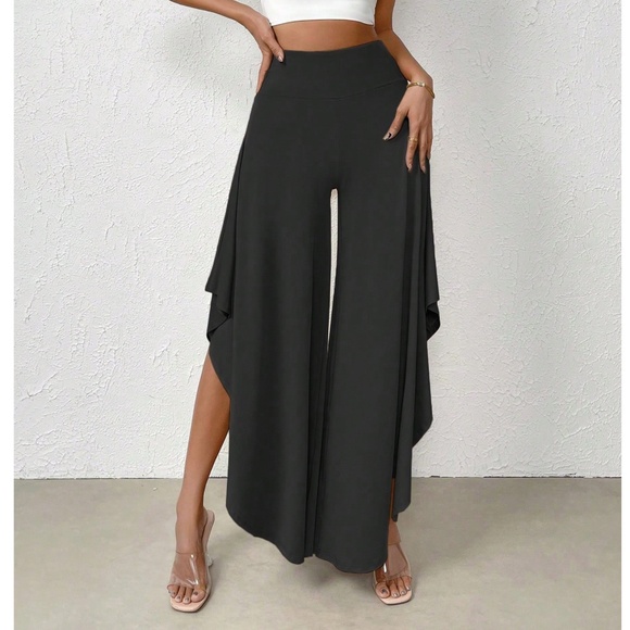 Solid Black High Waisted Stretchy Wide Leg Ruffle Pants - Picture 3 of 6